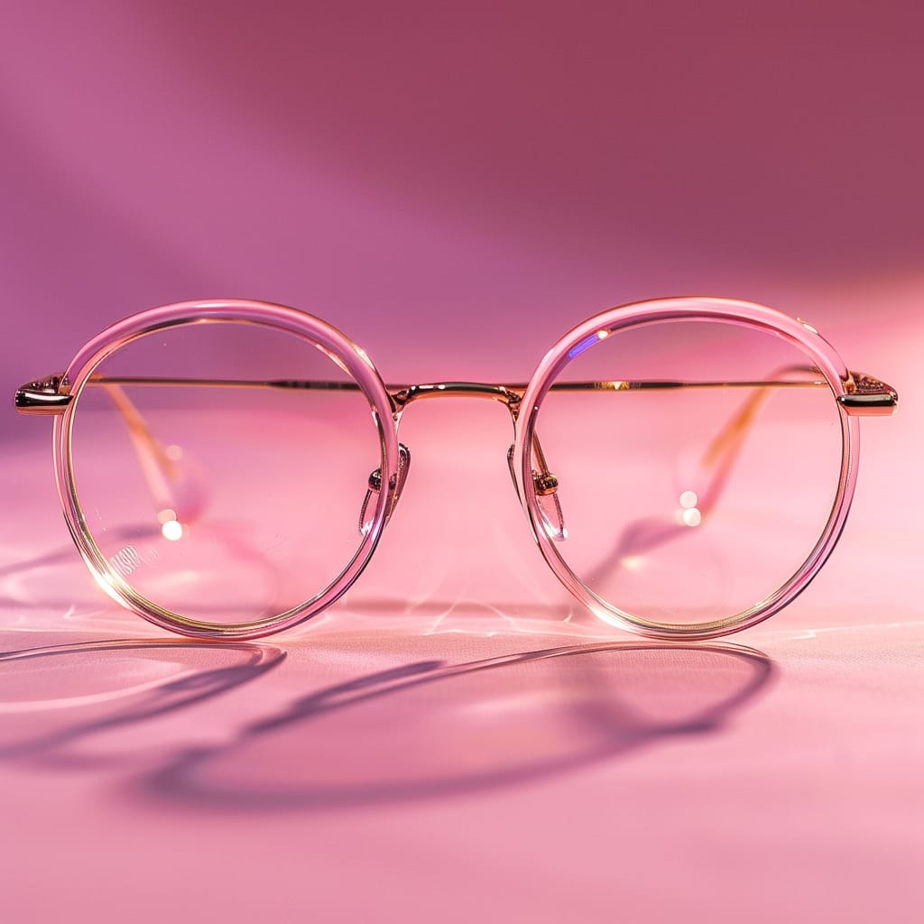 The image displays a pair of transparent, round-framed eyeglasses centered on a surface with a pink backdrop.