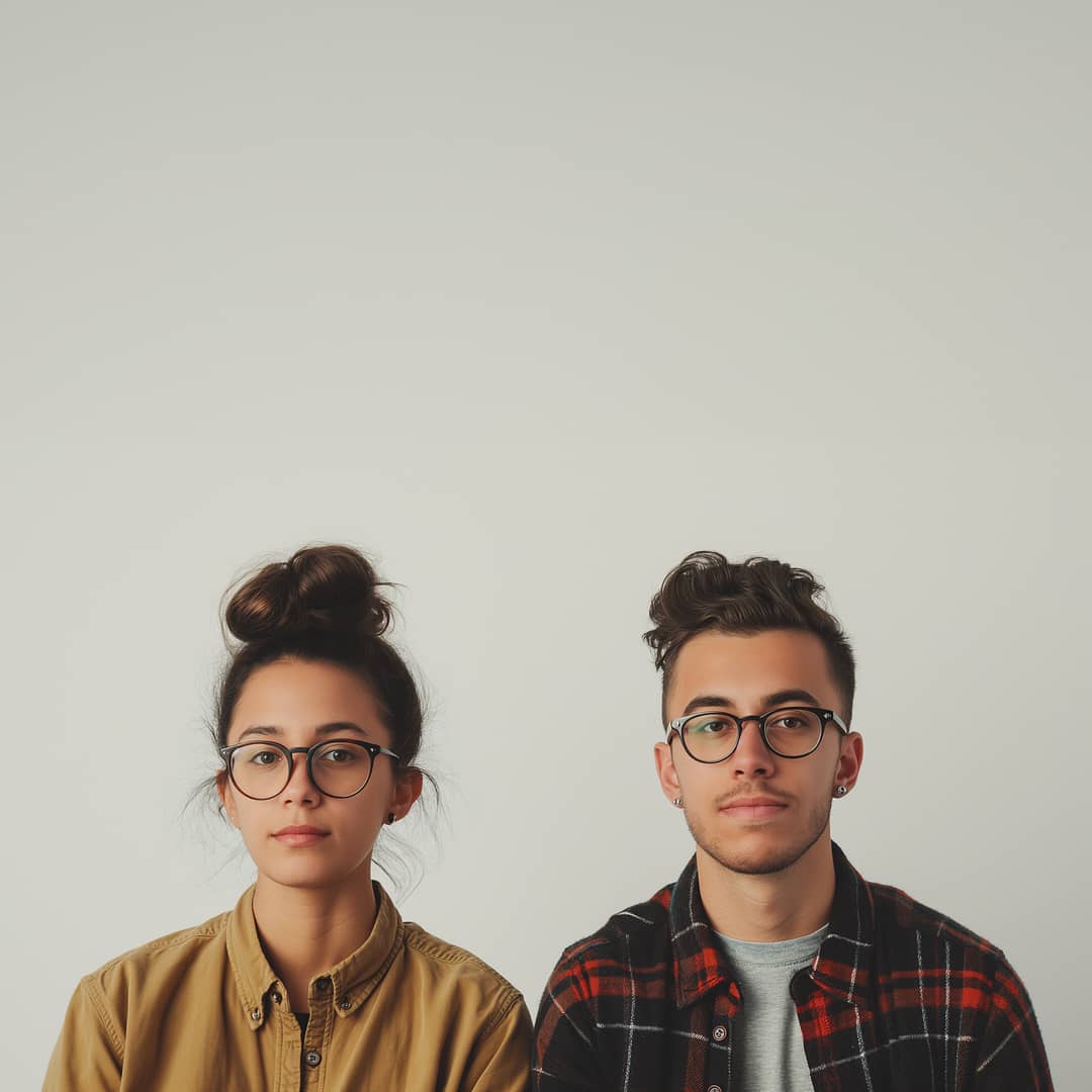 The image features two young individuals, both wearing large, round glasses.