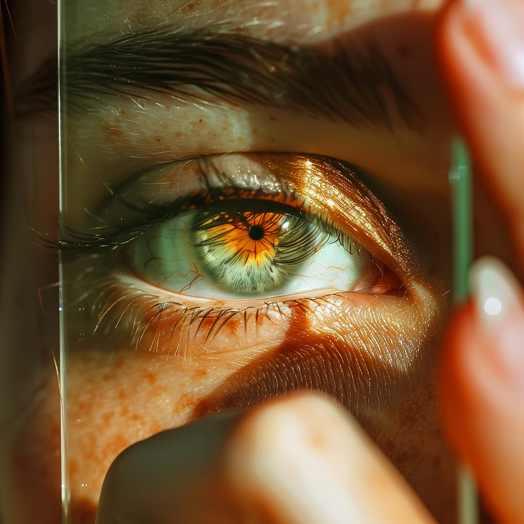The image is a close-up of a human eye, with a strong emphasis on the intricate details of the iris, which features a striking mix of golden, orange, and green hues radiating around the pupil