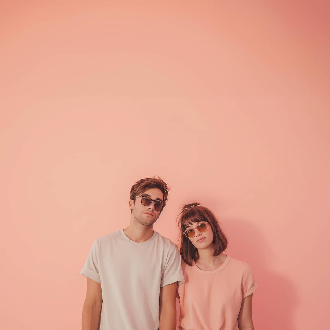 The image features a young man and a young woman posed against a minimalistic pastel pink background. Both subjects are wearing round sunglasses.